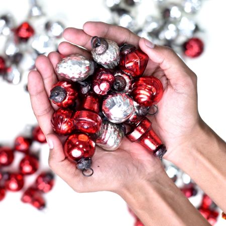 Red and Silver Tiny Christmas Ornaments In Assorted Styles-25 Pieces